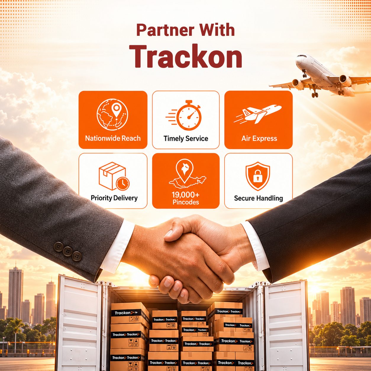 Partner with Trackon: nationwide reach, timely service, air express, priority delivery, 19,000+ pincodes and secure handling