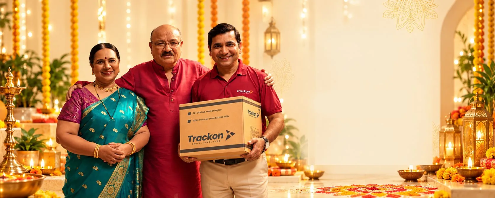 Happy Diwali from Trackon: a family celebrating with a Trackon courier holding a parcel