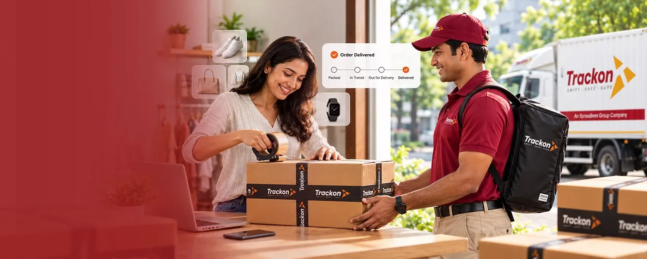 Trackon courier handing a parcel to a customer at her home