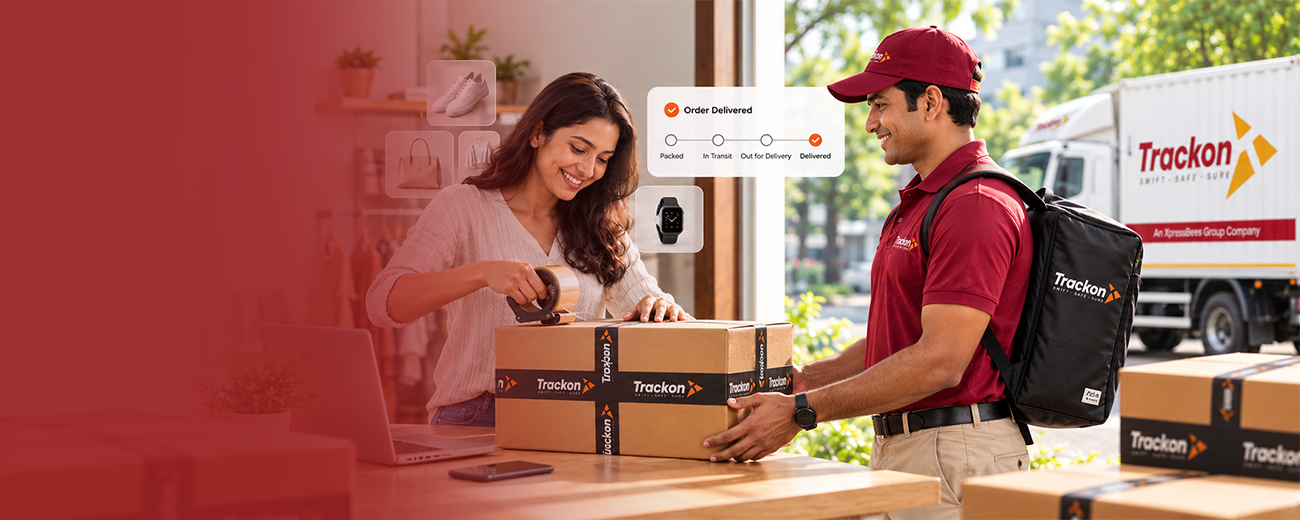 Trackon courier handing a parcel to a customer at her home