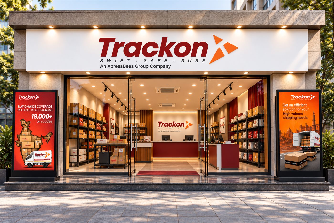 A Trackon outlet storefront with Swift, Safe, Sure signage, parcel shelves and service posters